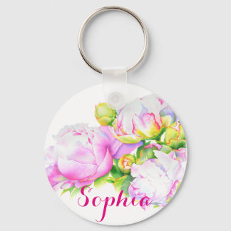 Porte-clés Peonis, rose, blanc, aquarelle peinture florale