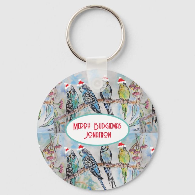 Porte-clés Père Noël Budgie Noël aquarelle peinture oiseau (Recto)