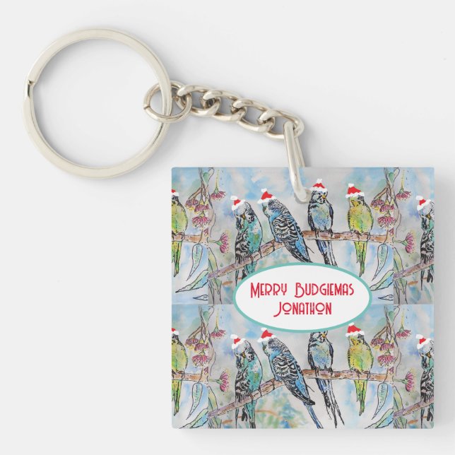 Porte-clés Père Noël Budgie Noël aquarelle peinture oiseau (Devant)