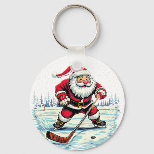 Porte-clés Père Noël moderne branché jouant au hockey sur gla
