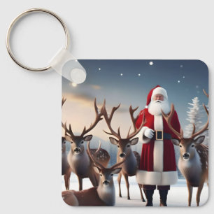 Porte-clés Père Noël Posant Avec Ses Rennes,