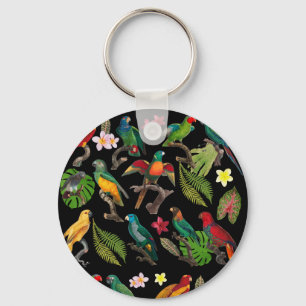 Porte-clés Perroquets tropicaux colorés, Feuilles et fleurs