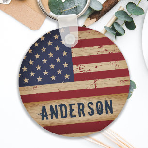 Porte-clés Personalized American Flag Rustic Wood Patriotic