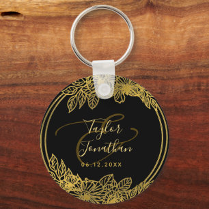 Porte-clés Personalized Photo Black Gold Flowers Chic Wedding