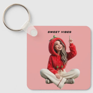 Porte-clés personnage à capuche fraise vibes sucré