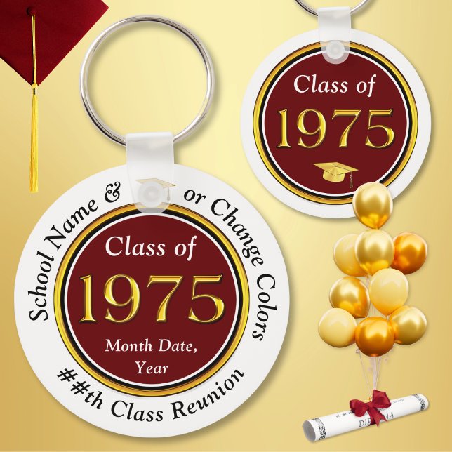 Porte-clés Personnalisable pas cher, Classe de Réunion 1975,  (Class of 1975 Reunion, Keychains. Nice class reunion party favors for the Class of 75. Maroon, White)