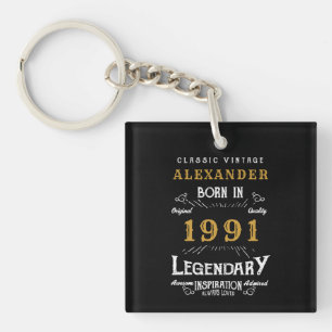 Porte-clés Personnalisé 30e anniversaire Né 1991 Noir Vintage