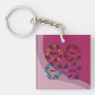 PORTE-CLÉS PERSONNALISÉ HAPPY NEW YEAR 20XX & FLEURS WREATHS