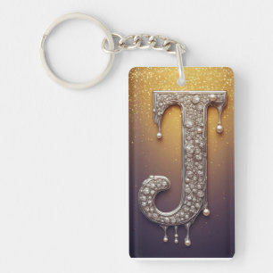 Porte-clés personnalisé lettre J perle diamant or 