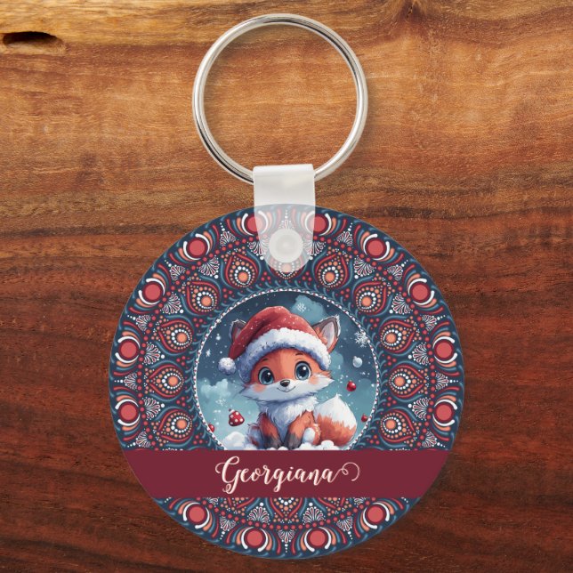 Porte-clés Personnalisé Noël mignon Kawaii Fox Dot Mandala (Recto)