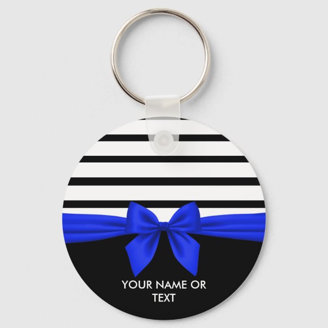 Porte-clés Personnalisé noir blanc rayé Noël bleu Bow (Recto)