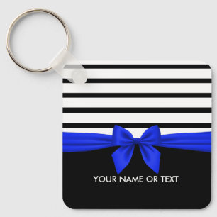 Porte-clés Personnalisé noir blanc rayé Noël bleu Bow