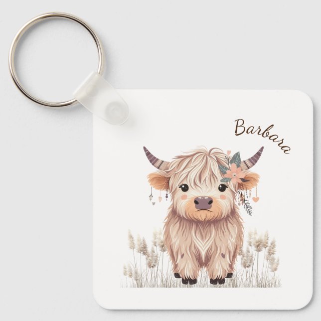 Porte-clés Personnalisé Prénom mignon Moderne Boho Highland C (Recto)