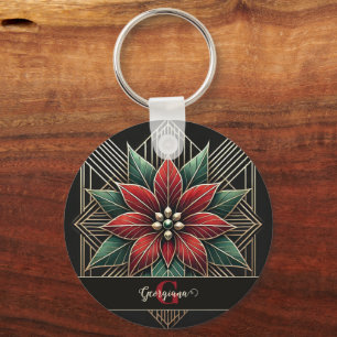 Porte-clés Personnalisé Retro Art Déco Floral Poinsettia