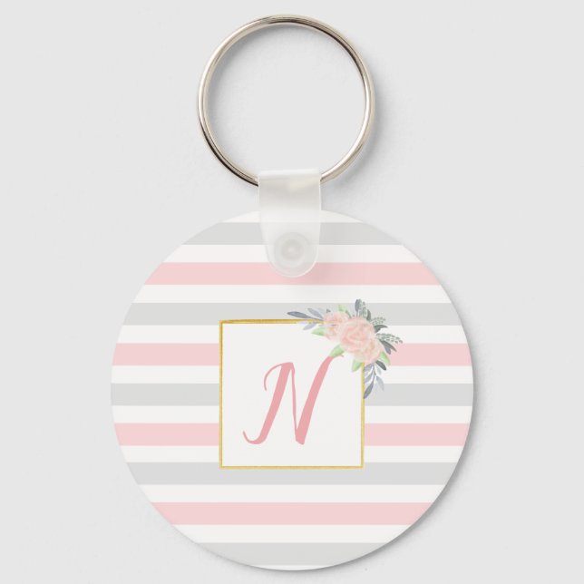 Porte-clés Personnalisé rose et gris floral (Recto)