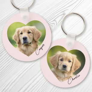 Porte-clés Pet dog photo inside heart with name pink
