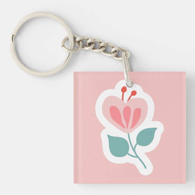 Porte-clés Pétale de fleur rose pastel avec tige (Devant)