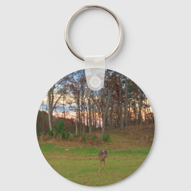 Porte-clés Petit cerf et coucher de soleil rose (Recto)