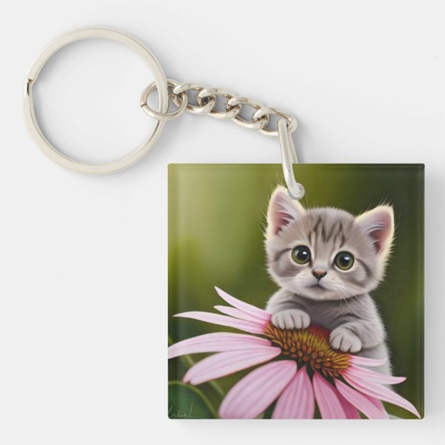 Porte-clés Petit chat gris floral mignon (Devant)