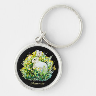 Porte-clés Petit lapin blanc et fleurs