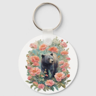 Porte-clés Petit ours noir d'Alabama entouré de camélia