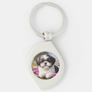 Porte-clés Petite Tzu Chiot Panier Fleurs