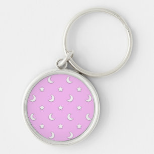 Porte-clés Petites étoiles et lunes blanches sur rose