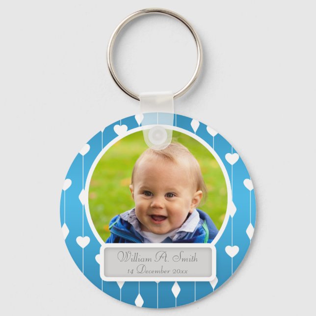 Porte-clés Photo Bébé Avec Nom Coeurs & Diamants Bleu (Recto)