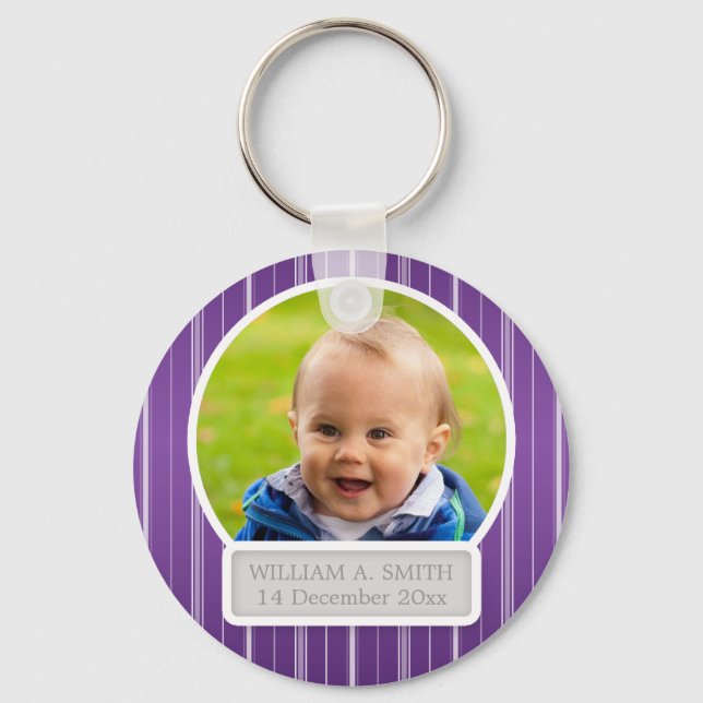 Porte-clés Photo Bébé Avec Nom Elegant Stripes Purple (Recto)