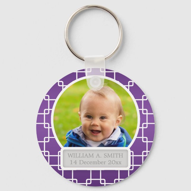 Porte-clés Photo Bébé Avec Nom Elegant Trellis Purple (Recto)