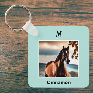 Porte-clés Photo de cheval personnalisée bleu monogramme pers