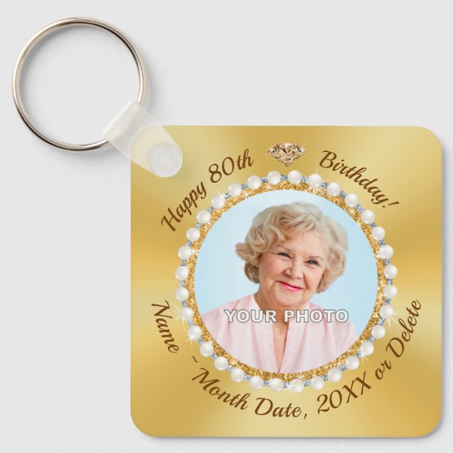 Porte-clés PHOTO et Fête du 80e anniversaire personnalisée, (Recto)