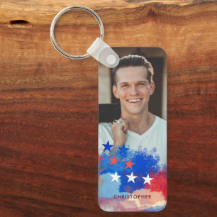 Porte-clés Photo patriotique personnalisée et nom avec drapea
