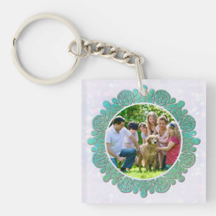 Porte-clés Photo personnalisé de famille avec mandala turquoi