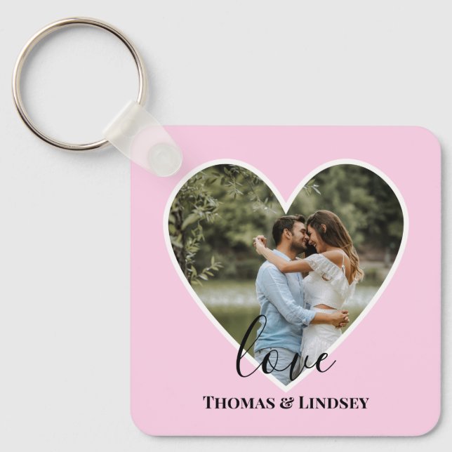 Porte-clés Photo personnalisée Cadre Coeur Rose Calligraphie  (Recto)