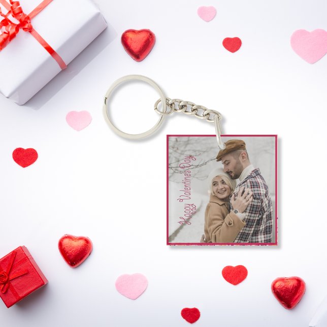 Porte-clés Photo personnalisée de la Saint-Valentin (Modern Pink Valentine's Day Personalized Photo Keychain)