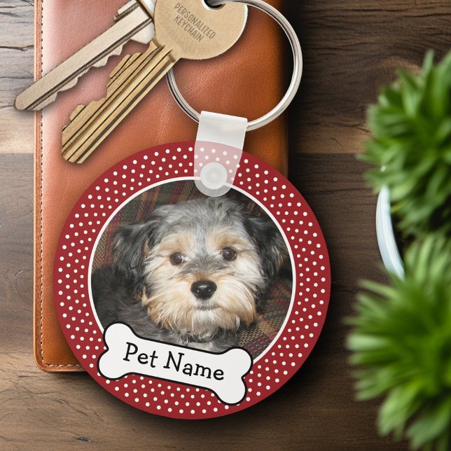 Porte-clés Photo pour animaux de compagnie avec Pois rouges d (Personalized Keychain - Add Your Pet Dog Photo)