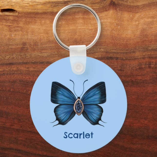 Porte-clés Pierre à papillon bleu saphir personnalisée (Verso)