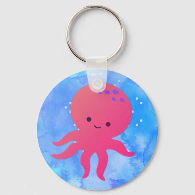Porte-clés Pieuvre En Cartoon Cute Dans L'Aquarelle Bleue (Recto)