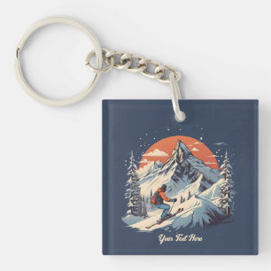 Porte-clés Pin de montagne vintage Ski orange coucher de sole