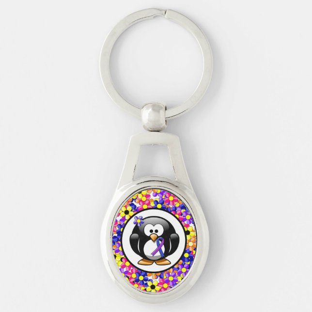 Porte-clés Pingouin à ruban bleu et violet (Devant)