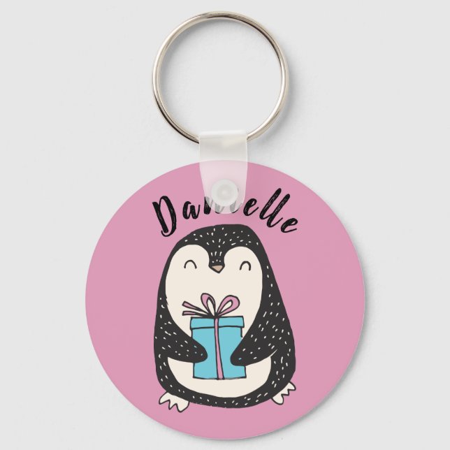 Porte-clés Pingouin avec un PInk personnalisé présent (Recto)