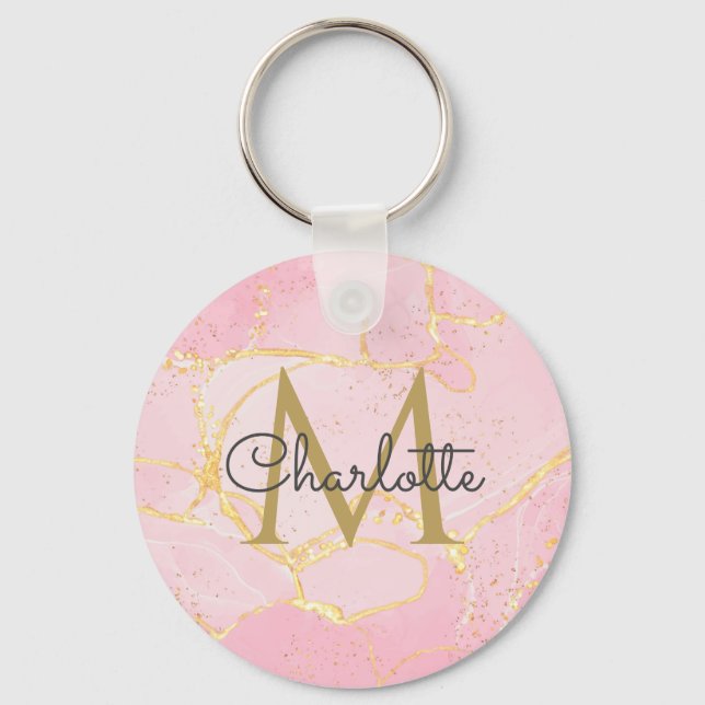 Porte-clés Pink Agate Geode Gold Monogramme Élégant Script (Recto)