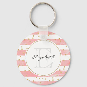 Porte-clés Pink Blush Stripes   Faux Gold Confetti Monogram