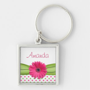 Porte-clés Pink Daisy Green Polka Dot Nom personnalisé Porte 
