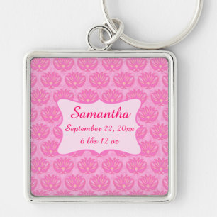 Porte-clés Pink Damask Baby Girl Nom Naissance personnalisée