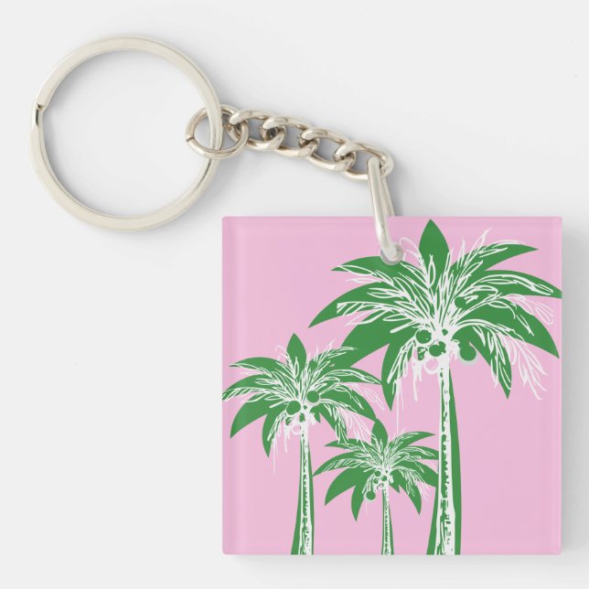 Porte-clés Pink Green Palm Tree Preppy Summer Beach Tropical (Devant)