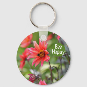 Porte-clés Pink & Red Dahlia Bee Happy Flowers Motivational