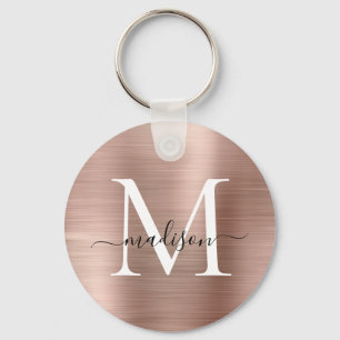 Porte-clés Pink Rose Gold Brushed Metal Girly Script Monogram