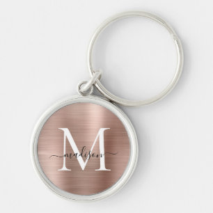 Porte-clés Pink Rose Gold Brushed Metal Monogram Girly Script